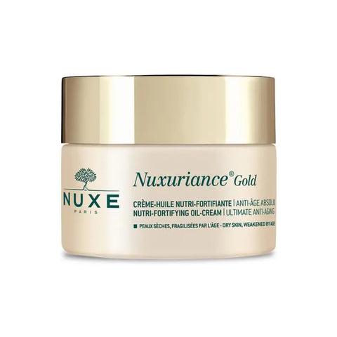 Nuxe Nuxuriance Gold Nutri-Fortifying Oil-Cream 50ml in a sleek jar, featuring a gold-toned lid and luxurious packaging.