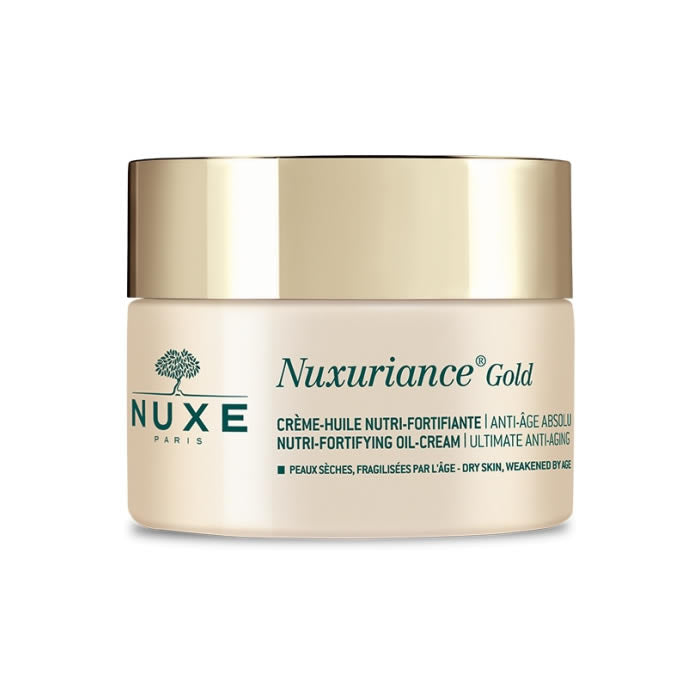 Nuxe Nuxuriance Gold Nutri-Fortifying Oil-Cream jar with gold accents, 50ml, displayed on a neutral background