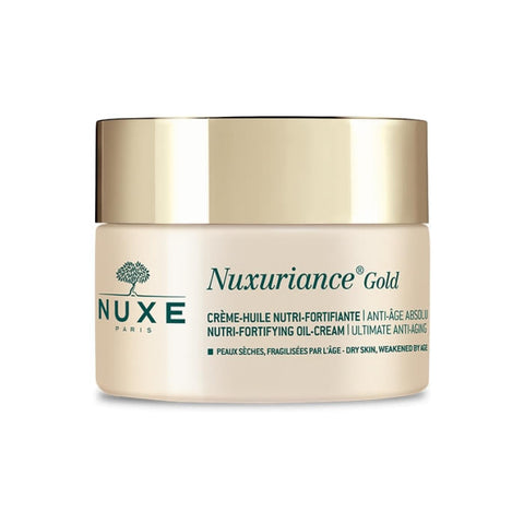 Nuxe Nuxuriance Gold Nutri-Fortifying Oil-Cream jar with gold accents, 50ml, displayed on a neutral background