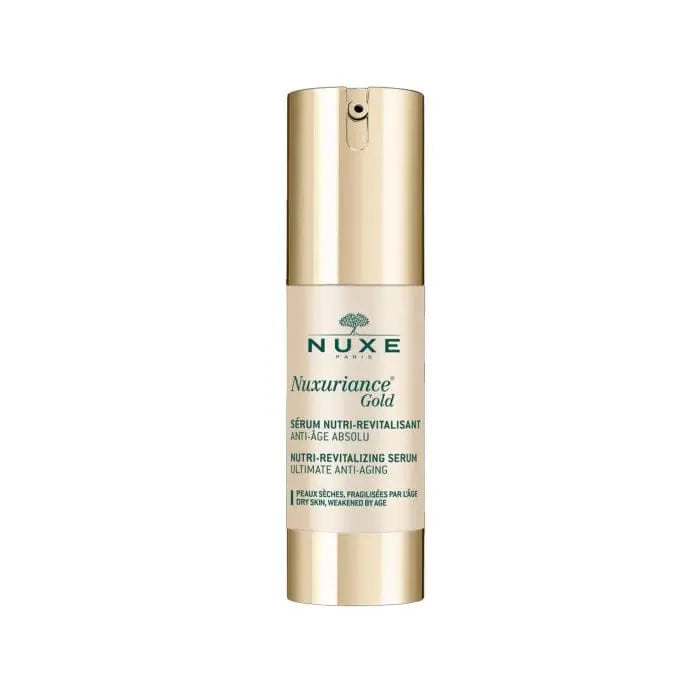 Nuxe Nuxuriance Gold Nutri-Revitalizing Serum 30ml bottle with gold accents on a white background.