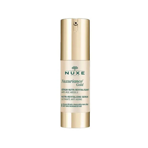 Nuxe Nuxuriance Gold Nutri-Revitalizing Serum 30ml bottle displayed with elegant packaging and gold accents.