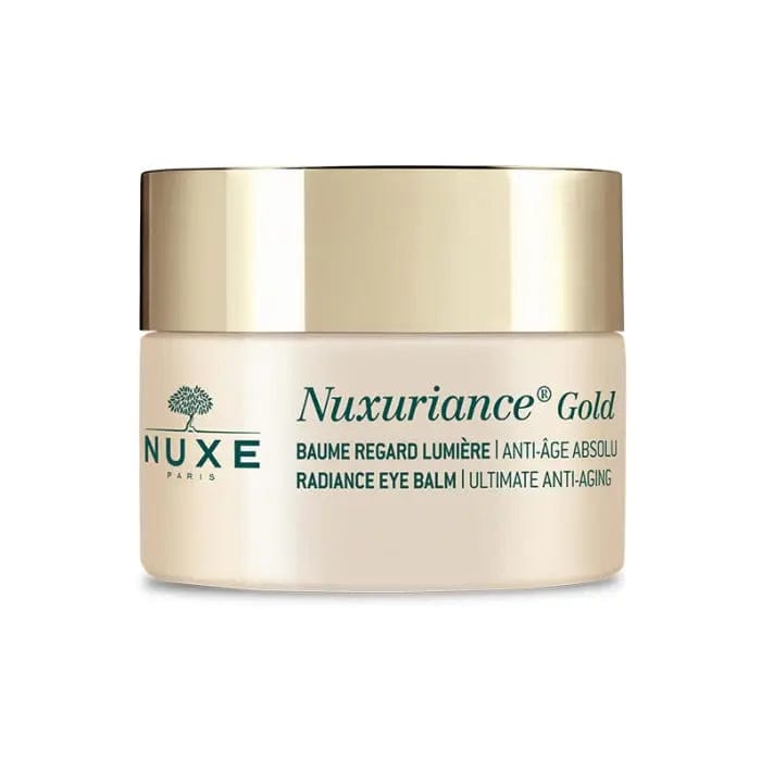 Nuxe Nuxuriance Gold Radiance Eye Balm 15ml jar with gold accents, designed for brightening and hydrating the delicate eye area.