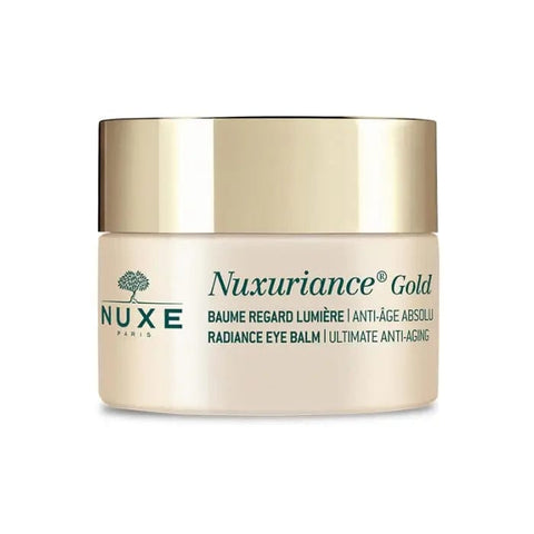 Nuxe Nuxuriance Gold Radiance Eye Balm 15ml jar with gold accents, designed for brightening and hydrating the delicate eye area.
