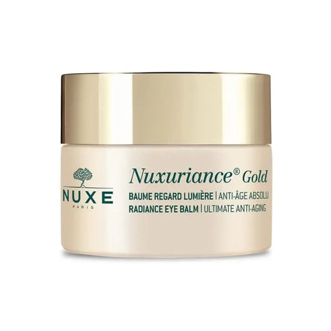 Nuxe Nuxuriance Gold Radiance Eye Balm 15ml jar, creamy eye treatment with gold accents, displayed on a neutral background.