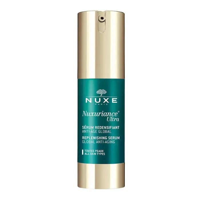 Nuxe Nuxuriance Ultra Anti-Aging Serum in 30ml bottle, featuring a sleek design with a pump dispenser for skincare application