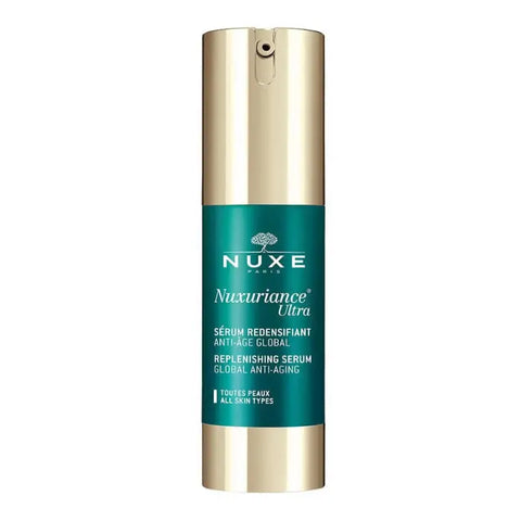 Nuxe Nuxuriance Ultra global anti-aging serum 30ml bottle with pump, displayed on a clean background.