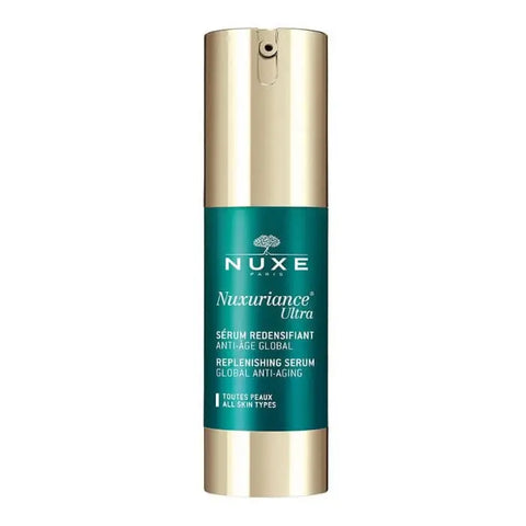 Nuxe Nuxuriance Ultra Anti-Ageing Serum 30ml in a glass bottle with dropper, displayed on a clean surface.