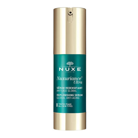 Nuxe Nuxuriance Ultra anti-aging serum in a 30ml bottle, featuring a sleek design and a dropper for precise application.