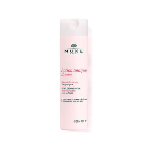 Nuxe Pétales De Rose Gentle Toning Lotion for face and eyes, 200ml bottle with rose petal design, suitable for sensitive skin.