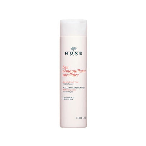 Nuxe Petales De Rose Micellar Cleansing Water with rose petals, 200ml, in a clear bottle with a pink cap.
