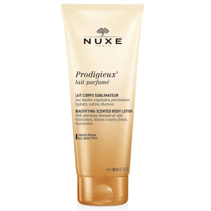Nuxe Prodigieux beautifying scented body lotion in 200ml bottle, featuring elegant packaging with gold accents and floral design.