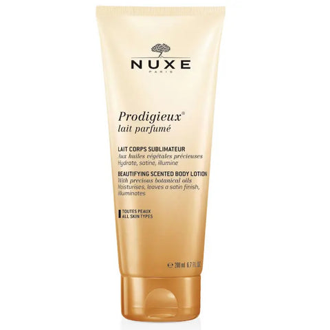 Nuxe Prodigieux beautifying scented body lotion in 200ml bottle, featuring luxurious packaging and floral design.