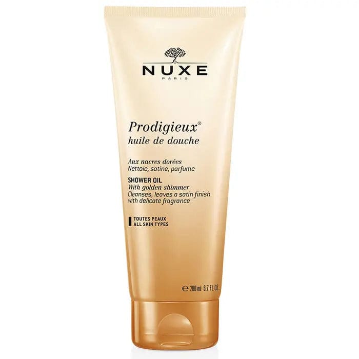 Jag Couture London New York Nuxe Prodigieux Precious Scented Shower Oil 200ml bottle with gold accents and elegant packaging.