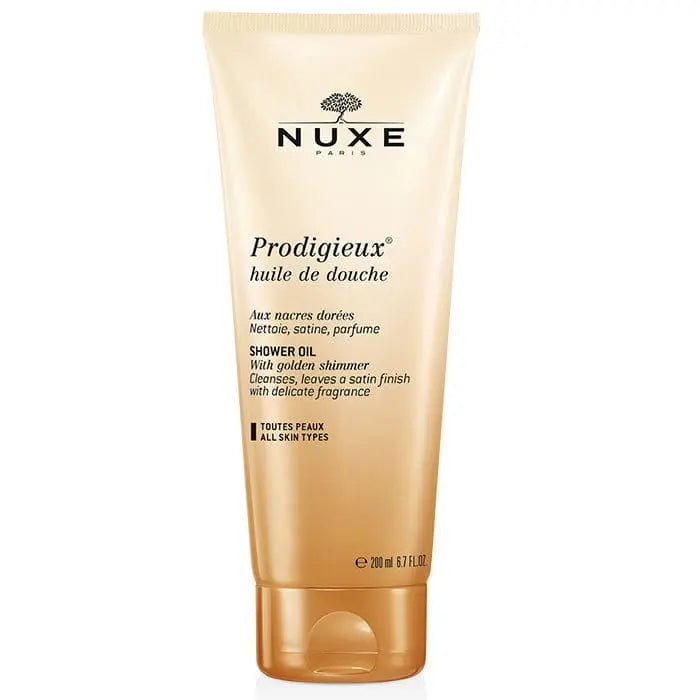 Nuxe Prodigieux Precious scented shower oil in 200ml bottle with elegant packaging from Jag Couture London New York.