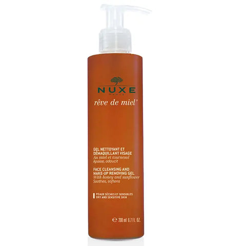 Nuxe Rêve De Miel Make Up Removing Gel in 200ml jar, gentle skincare gel for cleansing and removing makeup, displayed with product label