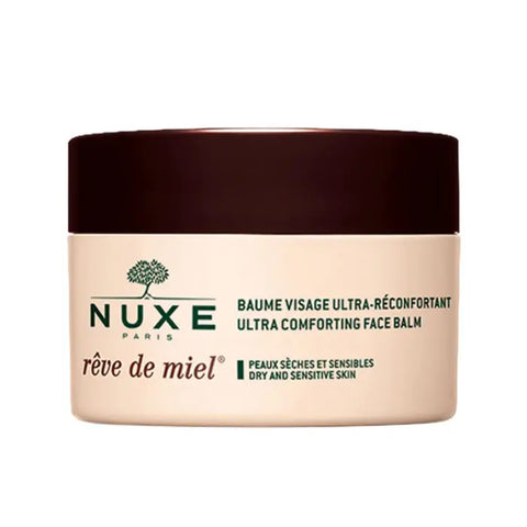 Nuxe Rêve De Miel Ultra Comfortable Face Balm for dry, sensitive skin, 50ml, shown in a jar with a gold lid.