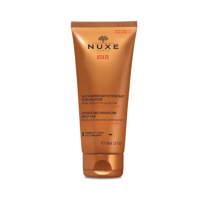 Nuxe Sun Hydrating Enhancing Self Tan for face and body in 100ml bottle, with a smooth, natural tan finish and moisturizing formula.
