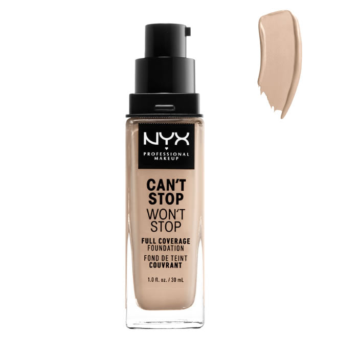 Nyx Can’t Stop Won’t Stop full coverage foundation in Alabaster, 30ml bottle with pump, displayed on a clean surface.