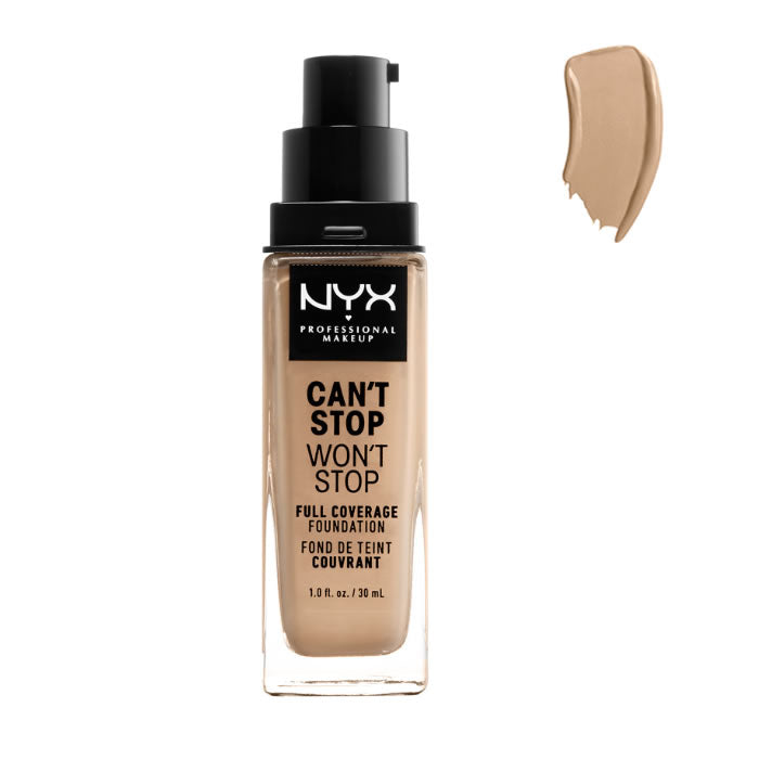 Jag Couture London NYX Can't Stop Won't Stop full coverage foundation in Buff, 30ml bottle with pump and clear packaging.