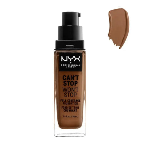 Jag Couture London NYX Can’t Stop Won’t Stop full coverage foundation in Cappuccino, 30ml, with a smooth, creamy texture.
