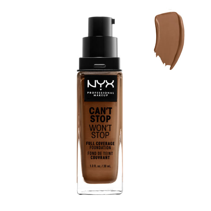 Jag Couture London NYX Can’t Stop Won’t Stop full coverage foundation in Cappuccino, 30ml bottle with foundation pump.
