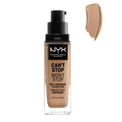 Nyx Can't Stop Won't Stop full coverage foundation in Classic Tan, 30ml, with a sleek bottle and smooth skin finish.