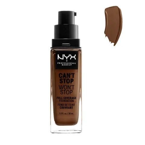 Nyx Can’t Stop Won’t Stop full coverage foundation in Cocoa, 30ml, from Jag Couture London - New York, showing the product bottle.
