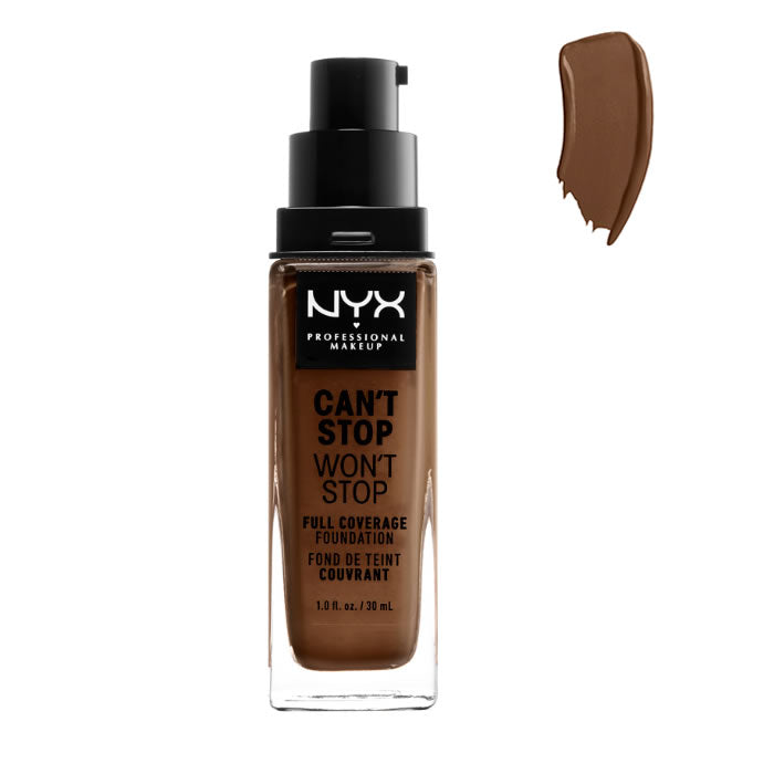 Nyx Can’t Stop Won’t Stop full coverage foundation in Cocoa, 30ml, with a sleek bottle and applicator for flawless makeup.