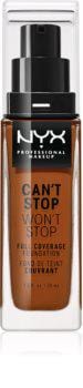 Nyx Can't Stop Won't Stop full coverage foundation in Deep Walnut, 30ml, featuring the product bottle with label and applicator.
