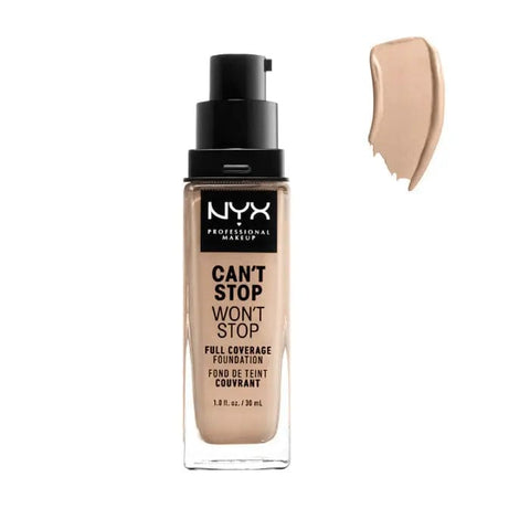 Light ivory Nyx Can’t Stop Won’t Stop full coverage foundation in 30ml, shown in a compact bottle with a pump dispenser.