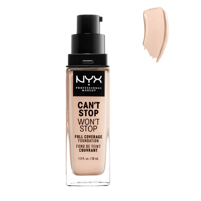 Nyx Can’t Stop Won’t Stop full coverage foundation in Light Porcel, 30ml, showcased in a sleek bottle.