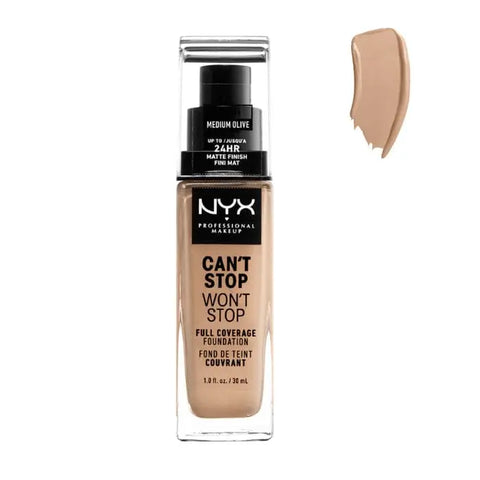 Nyx Can’t Stop Won’t Stop Full Coverage Foundation in Medium Olive, 30ml bottle, with smooth liquid texture and brand label visible.