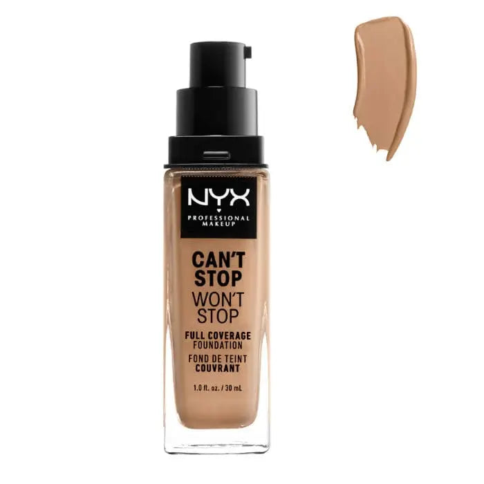 Jag Couture London NYX Can't Stop Won't Stop full coverage foundation in Neutral Buff, 30ml, with a sleek bottle and applicator.