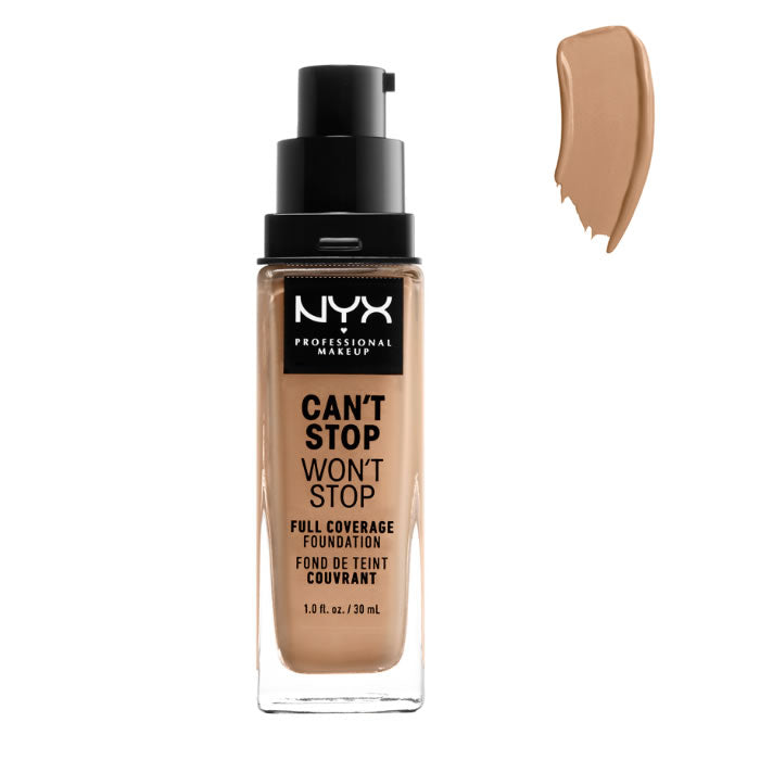 Nyx Can’t Stop Won’t Stop full coverage foundation in Neutral Buff, 30ml bottle, showcasing smooth liquid makeup application.