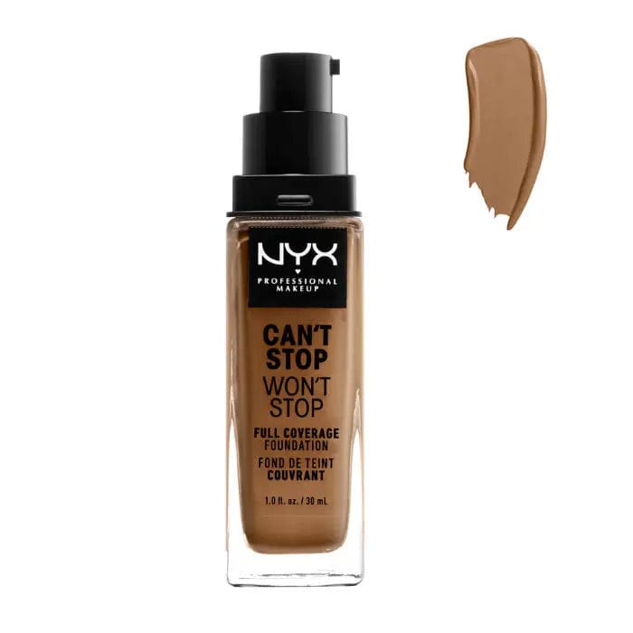 Nyx Can't Stop Won't Stop full coverage foundation in Nutmeg, 30ml, featuring a sleek bottle with the product label visible.