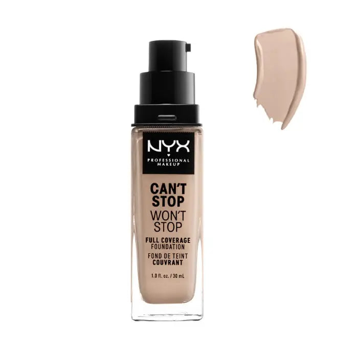 Nyx Can’t Stop Won’t Stop full coverage foundation in Porcelain, 30ml bottle, showcased with smooth application and foundation pump.