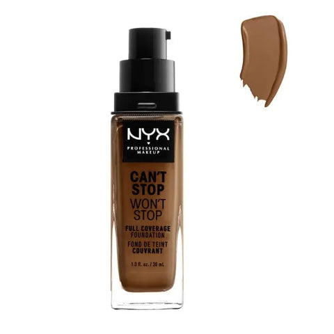 Jag Couture London NYX Can't Stop Won't Stop full coverage foundation in Sienna, 30ml bottle, with a smooth, even skin finish.