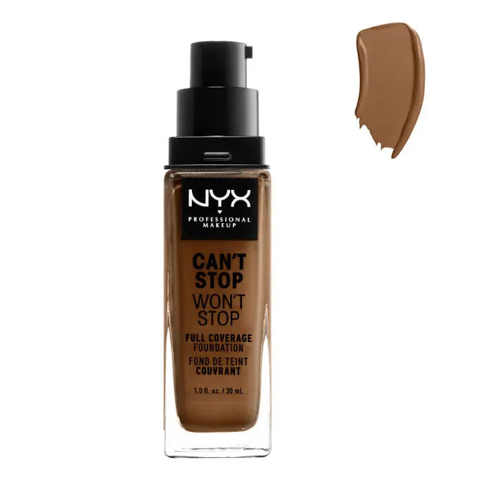 Nyx Can’t Stop Won’t Stop full coverage foundation in Sienna, 30ml bottle, with sleek packaging from Jag Couture London - New York