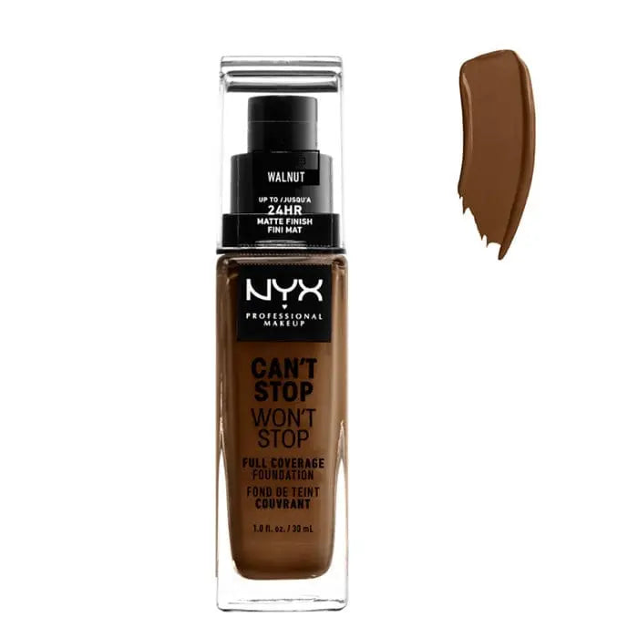 Nyx Can’t Stop Won’t Stop full coverage foundation in Walnut, 30ml bottle, with sleek packaging and applicator.