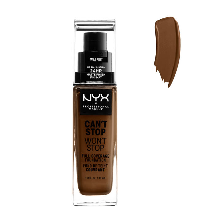 Nyx Can’t Stop Won’t Stop full coverage foundation in Walnut, 30ml, by Jag Couture London - New York, showing the product bottle.