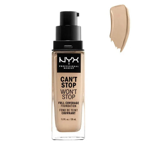 Nyx Can’t Stop Won’t Stop full coverage foundation in Warm Vanilla, 30ml bottle, with smooth liquid texture and beige shade.