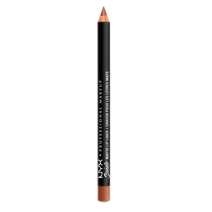 Nyx Suede Matte Lipliner in Soft Spoken, Jag Couture London New York, close-up of the creamy lipliner pencil with soft beige shade.
