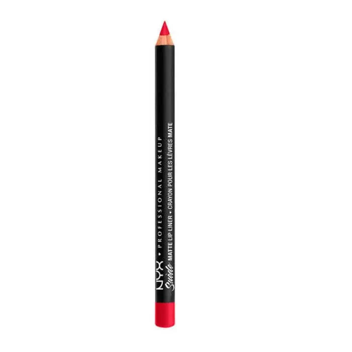 Nyx Suede Matte Lipliner in Spicy, natural close-up showing the creamy texture and rich color of the lipliner.