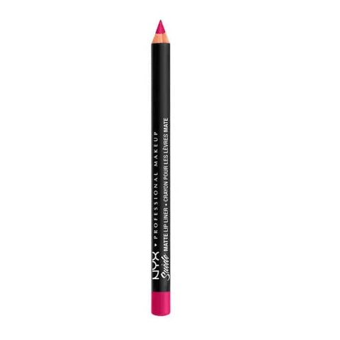 Nyx Suede Matte Lipliner in Sweet Tooth, Jag Couture London - New York, with a close-up of the lipliner pencil in a nude shade.