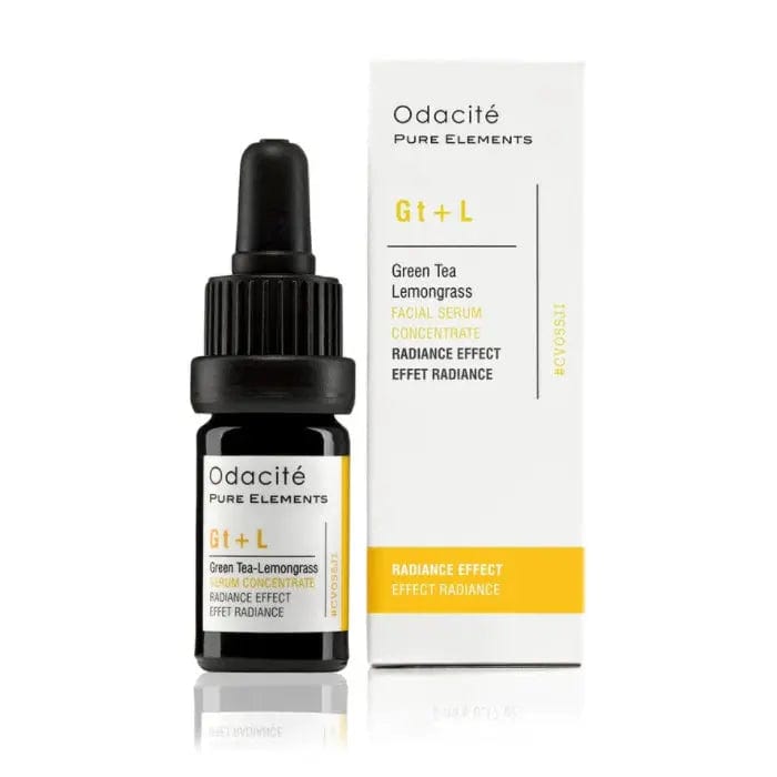 Odacité Gt+L Green Tea Lemongrass Facial Serum Concentrate in 5ml bottle, with green tea and lemongrass ingredients visible.
