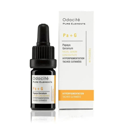 Odacité Pa+G Papaya Geranium Facial Serum Concentrate in 5ml bottle, with dropper applicator and fresh botanical ingredients.