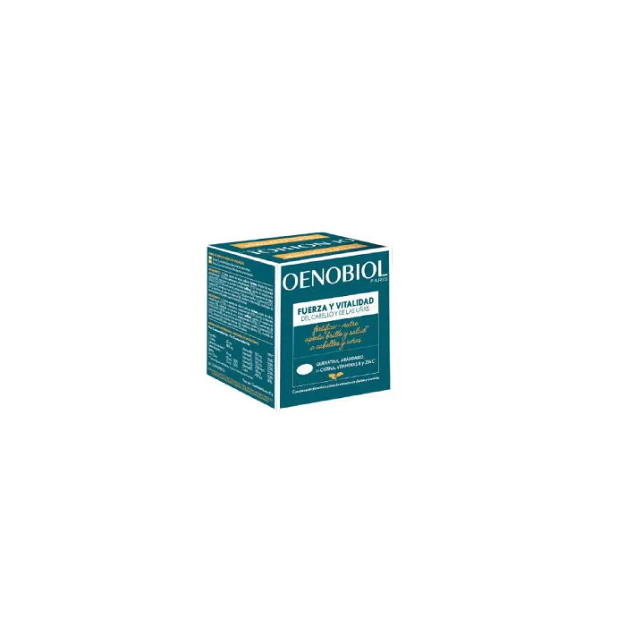 Oenobiol Strength & Vitality Hair & Nails supplement capsules by Jag Couture London - New York, showing 60 capsules in a bottle