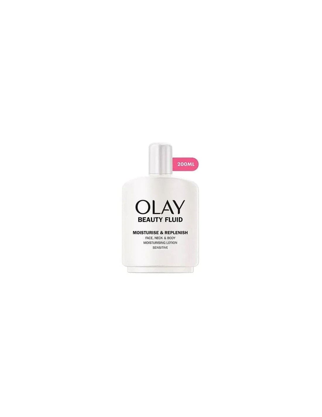 Olay Beauty Fluid facial moisturizer in 200ml bottle, from Jag Couture London - New York, showing the hydrating product container.
