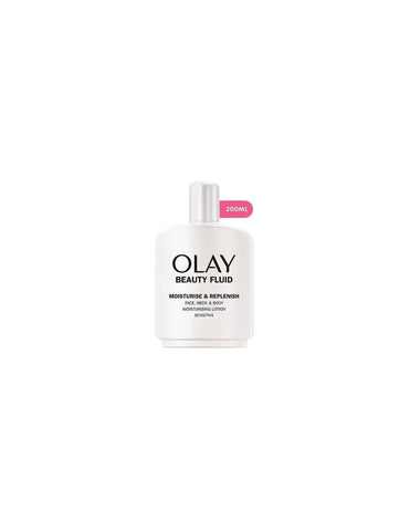 Olay Beauty Fluid facial moisturizer in 200ml bottle, from Jag Couture London - New York, showing the hydrating product container.