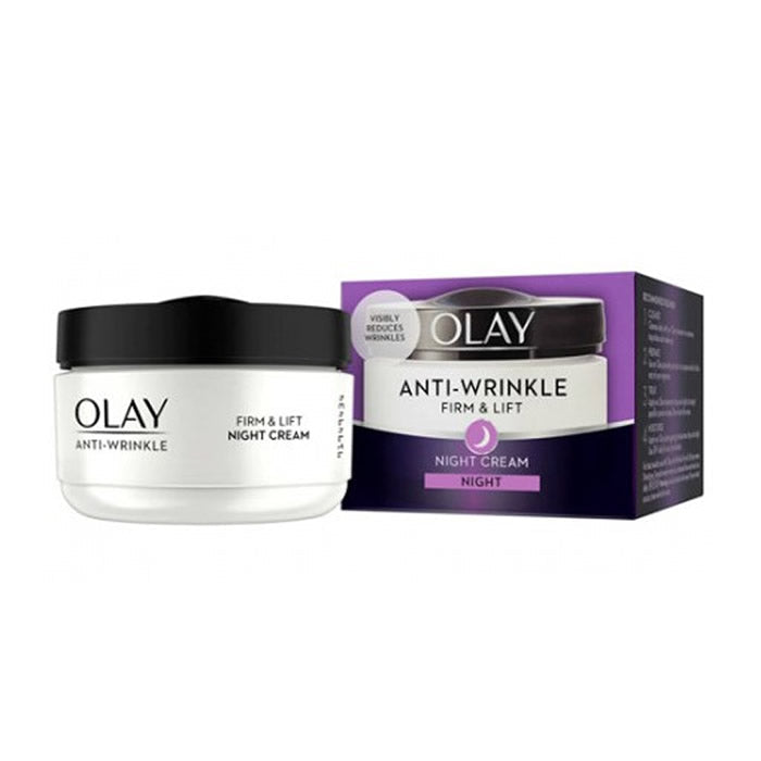 Jag Couture London New York Olay Firm & Lift Anti-Wrinkle Night Cream 50ml jar with cream inside and elegant packaging